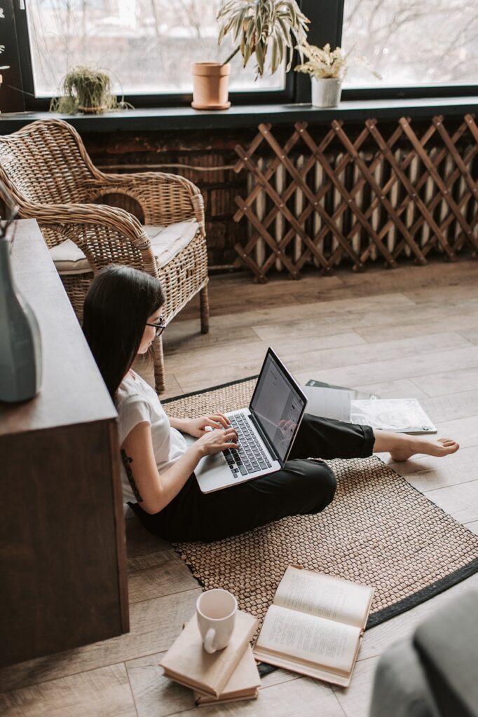 woman, laptop, carpet